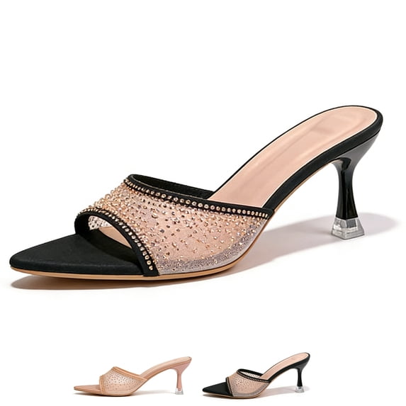 CHICVOMEY Pointed Open Toe Kitten Heels for Women with Mesh Rhinestone Glitter Kitten Heels 2 IN Low Heel Dress Shoes for Prom & Wedding Heels Sandals