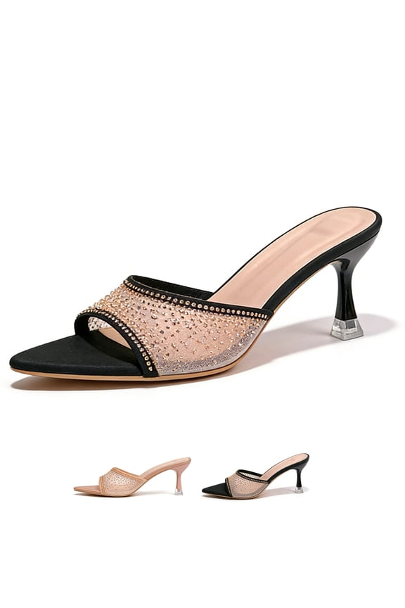 Pointed Open Toe Kitten Heels for Women with Mesh Rhinestone Glitter Kitten Heels 2 IN Low Heel Dress Shoes for Prom & Wedding Heels Sandals