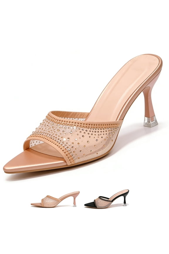 Pointed Open Toe Kitten Heels for Women with Mesh Rhinestone Glitter Kitten Heels 2 IN Low Heel Dress Shoes for Prom & Wedding Heels Sandals