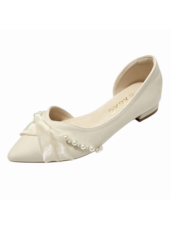 Pointed Toe Ballet Flats for Women Satin Bow Decor Slip On Shoes Comfortable Low Heel Dress Pumps for Work Daily Casual