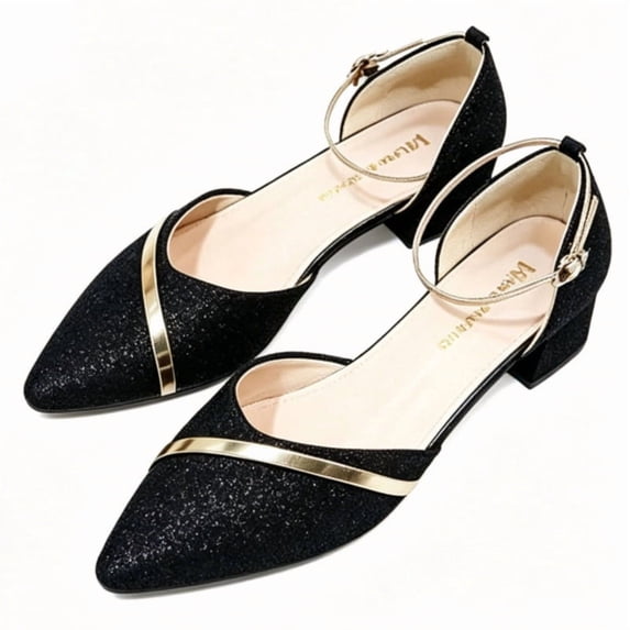 CHICVOMEY Pointed Toe Chunky Heels for Women Sparkling Pumps with Rhinestone Ankle Strap Low Heels for Dress Party Wedding