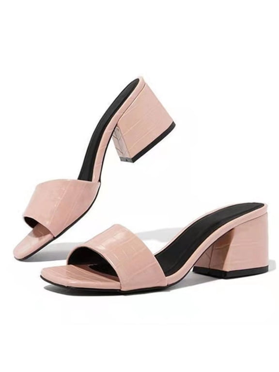 Square Toe Croc Textured Block Heel Slides for Women Single Band Slip On Chunky Heel Sandals Fashion Open Toe Summer Mules