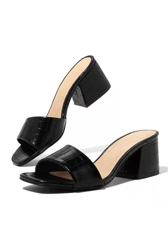 Square Toe Croc Textured Block Heel Slides for Women Single Band Slip On Chunky Heel Sandals Fashion Open Toe Summer Mules