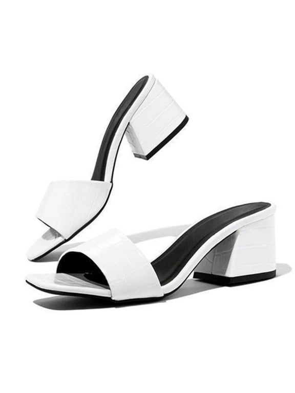 Square Toe Croc Textured Block Heel Slides for Women Single Band Slip On Chunky Heel Sandals Fashion Open Toe Summer Mules