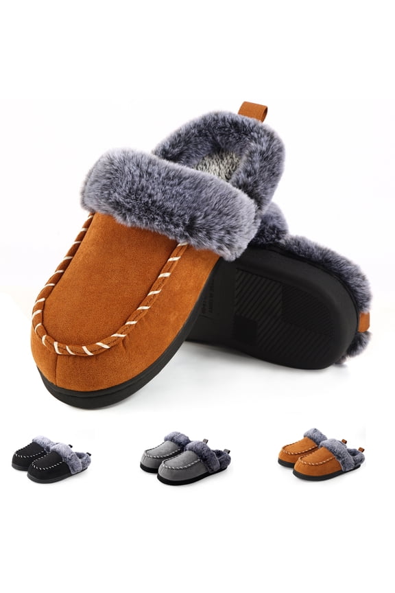 Unisex Fuzzy Memory Foam Slippers Moccasin Style Women Slip-On Winter House Shoes Indoor & Outdoor Comfy Slippers