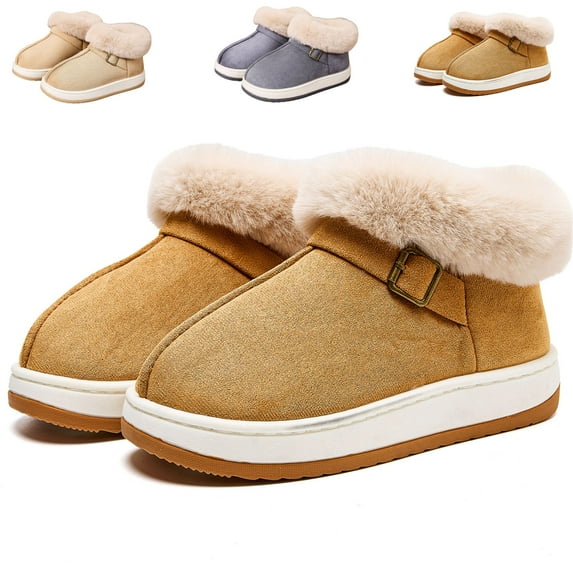 CHICVOMEY Winter Snow Ankle Boots for Women Faux Fur Lining Fluffy Trim & Buckle Decor Warm Slip On Comfort Shoes Resistant Warm Short Boots Outdoor