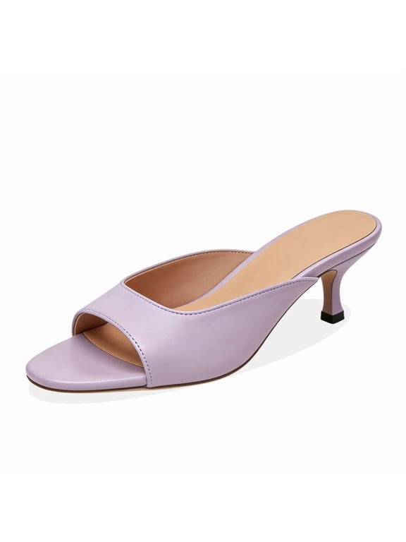 Women Open Toe Low Heel Mule Sandals 1.96 Inch Kitten Heel Slip on Slides Black Leather Casual Summer Shoes for Daily Work Party Vacation