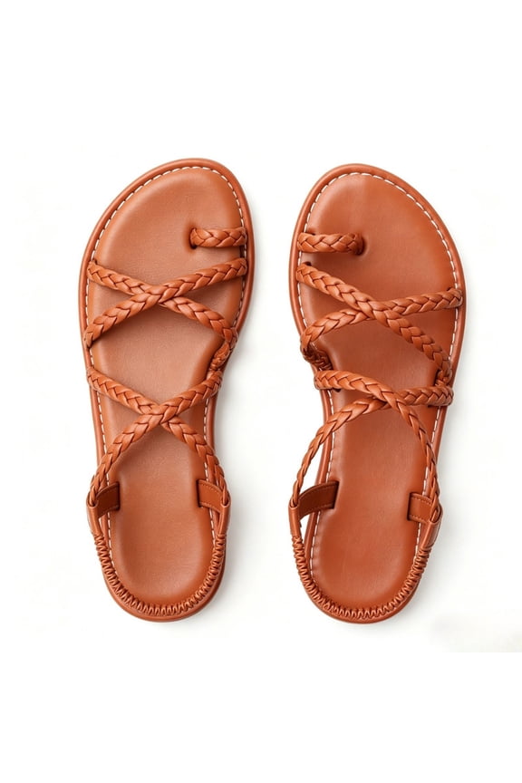 Women's Braided Strap Flat Sandals Casual Crisscross Toe Ring Summer Flats Comfortable Non-Slip Beach Walking Shoes for Beach, Casual Walking & Daily Summer Wear