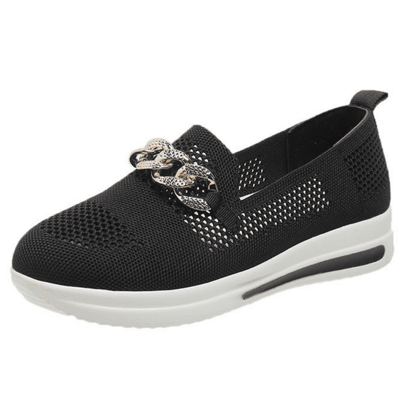 CHICVOMEY Women's Breathable Knit Slip-On Walking Shoes With Metallic Chain Anti-Slip Sole Comfortable Casual Loafers For Work Travel And Daily Wear