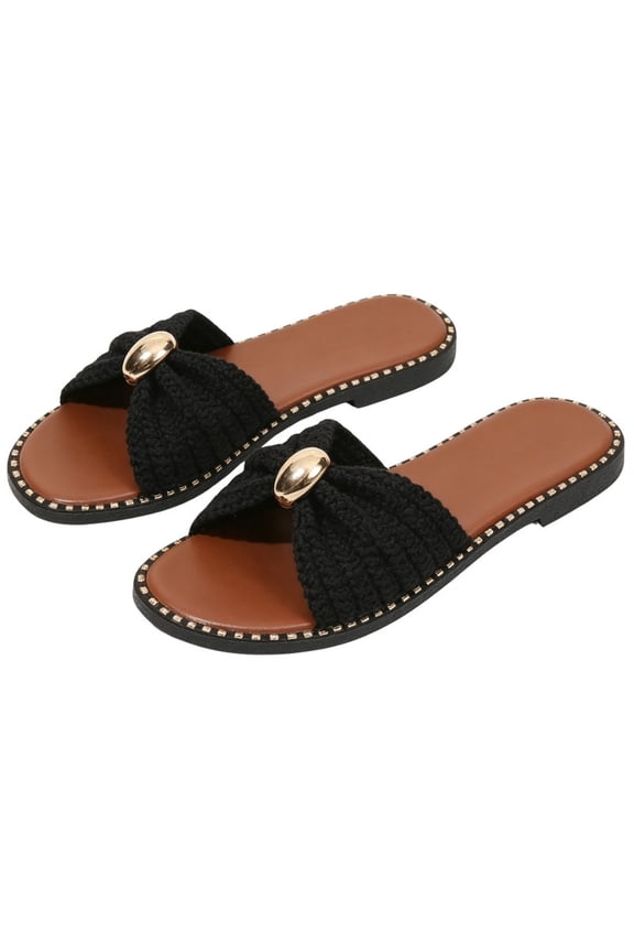 Women's Crochet Slide Sandals Knotted Flat Slides with Gold Metal Accent Comfortable Open Toe Summer Sandals for Casual Daily & Beach Wear