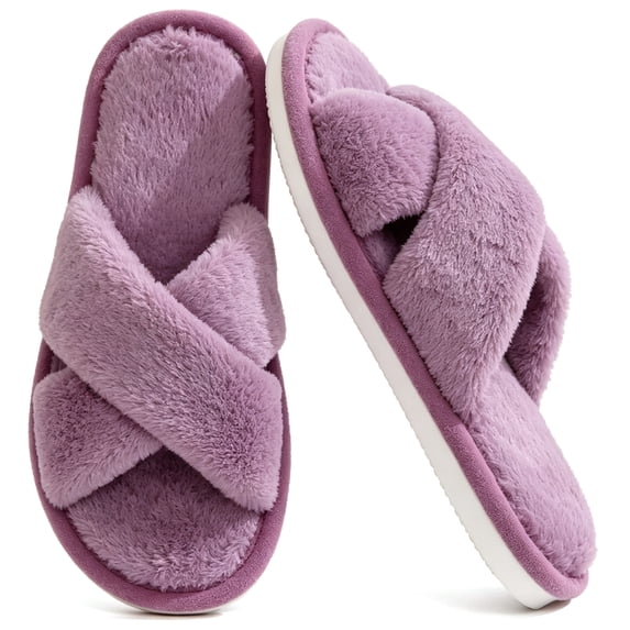 CHICVOMEY Women's Cross Band Slippers Fuzzy Open Toe House Slippers Casual Indoor Outdoor Fluffy Bedroom Shoes