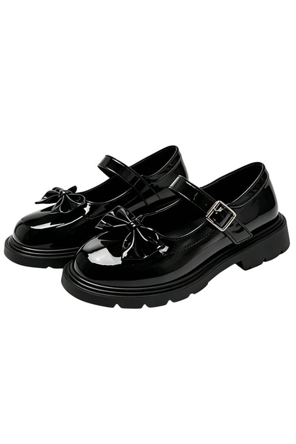 Women's Cute Bow Knot Patent Leather Mary Jane Platform Shoes Adjustable Buckle Strap Black Round Toe Loafers Comfortable for School Uniform Casual Work & Daily Wear
