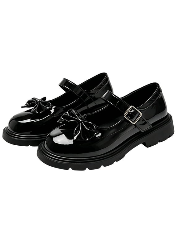Women's Cute Bow Knot Patent Leather Mary Jane Platform Shoes Adjustable Buckle Strap Black Round Toe Loafers Comfortable for School Uniform Casual Work & Daily Wear