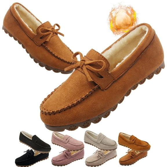 CHICVOMEY Women's Faux Fur Lined Moccasin Slippers - Warm Suede Indoor&Outdoor House Shoes with Non-Slip Sole for Winter Comfort Moccasin Slippers