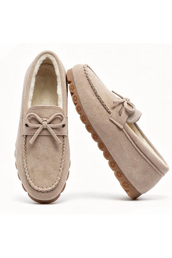 Women's Faux Fur Lined Moccasin Slippers - Warm Suede Indoor&Outdoor House Shoes with Non-Slip Sole for Winter Comfort Moccasin Slippers