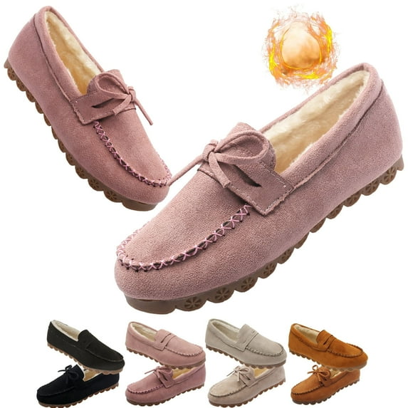 CHICVOMEY Women's Faux Fur Lined Moccasin Slippers - Warm Suede Indoor&Outdoor House Shoes with Non-Slip Sole for Winter Comfort Moccasin Slippers