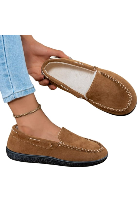 Women's Faux Fur Lined Winter Moccasins Slippers Suede Slip-On House Loafers Casual Loafers for Women Indoor & Outdoor