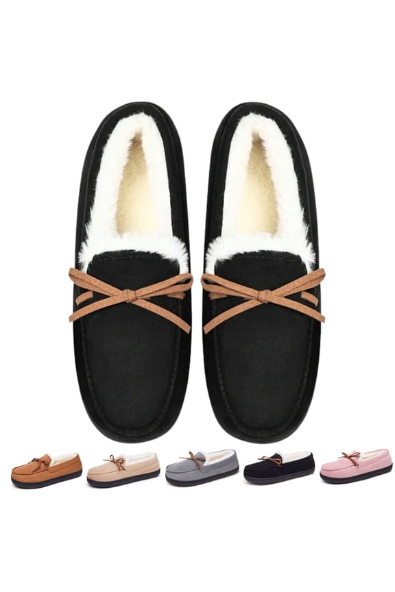 Women's Faux Fur Lined Winter Moccasins Slippers Suede Winter House Slippers for Women& Men Indoor Outdoor Slip On Moccasins Slippers