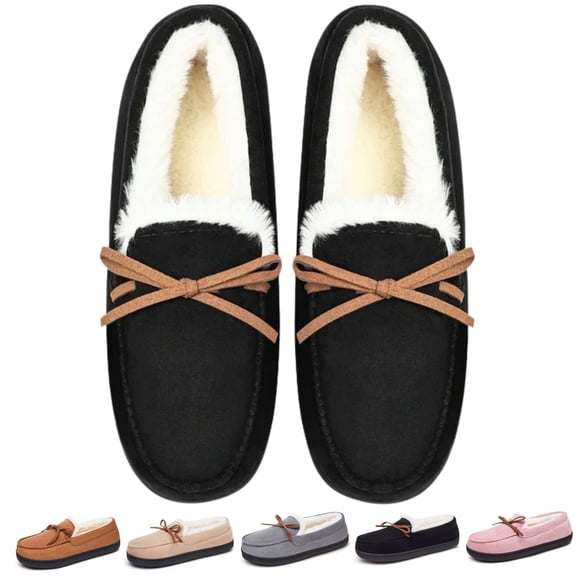 CHICVOMEY Women's Faux Fur Lined Winter Moccasins Slippers Suede Winter House Slippers for Women& Men Indoor Outdoor Slip On Moccasins Slippers