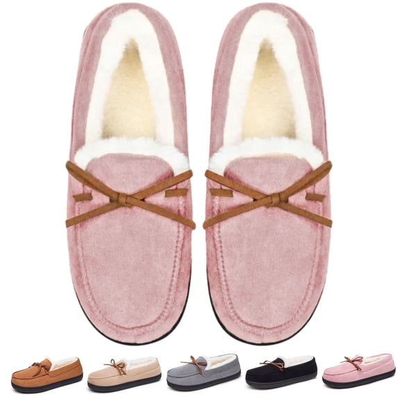 CHICVOMEY Women's Faux Fur Lined Winter Moccasins Slippers Suede Winter House Slippers for Women& Men Indoor Outdoor Slip On Moccasins Slippers