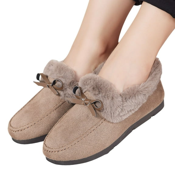CHICVOMEY Women's Fuzzy Bow Ankle Flat Boots Suede Moccasin Slipper Snow Warm Durable Shoes with Faux Fur Lining Casual Fashion Booties