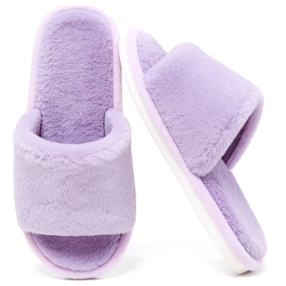 CHICVOMEY Women's Fuzzy Open Toe Slippers Cozy Warm House Shoes Plush Indoor Outdoor Non Slip Bedroom Slides