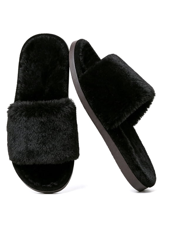 Women's Fuzzy Open Toe Slippers Cozy Warm House Shoes Plush Indoor Outdoor Non Slip Bedroom Slides