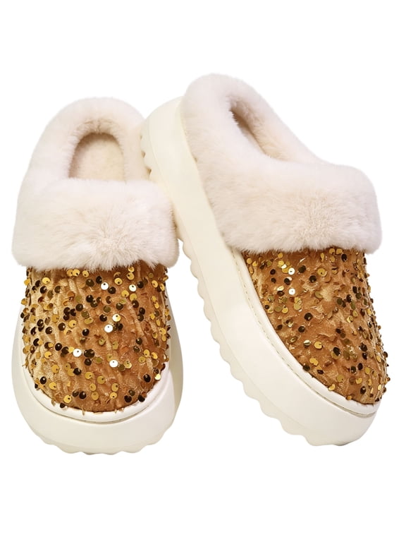 Women's Fuzzy Sequin Slippers Sparkly Non-slip Memory Foam Ladies House Shoes Indoor Outdoor Comfy Warm Slippers