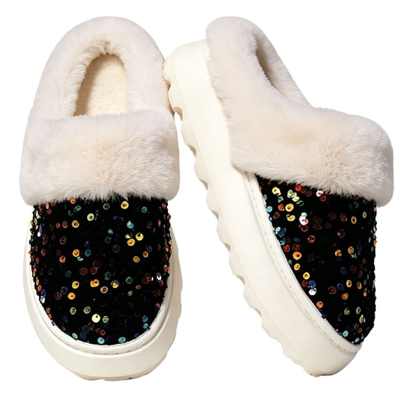 CHICVOMEY Women's Fuzzy Sequin Slippers Sparkly Non-slip Memory Foam Ladies House Shoes Indoor Outdoor Comfy Warm Slippers