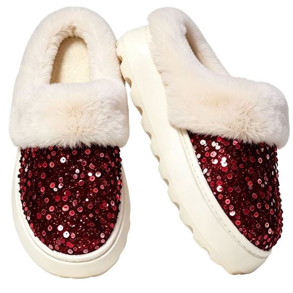 CHICVOMEY Women's Fuzzy Sequin Slippers Sparkly Non-slip Memory Foam Ladies House Shoes Indoor Outdoor Comfy Warm Slippers