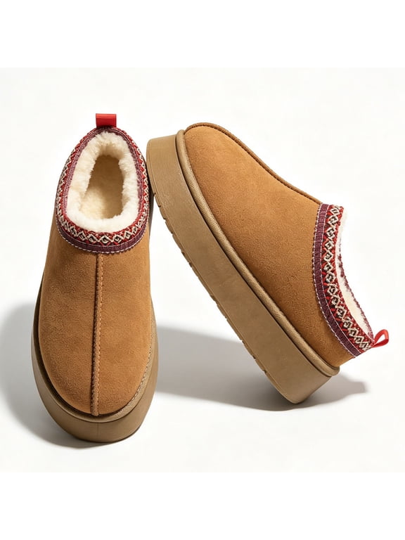 Women's Fuzzy Slippers Platform Mini Boots with Fur Fleece Winter Casual House Slippers Indoor Outdoor