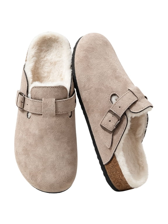 Women's Fuzzy Suede Clogs Leather Mules Fur Lined Non Slip Closed-Toe for Indoor Outdoor Slip on Mules