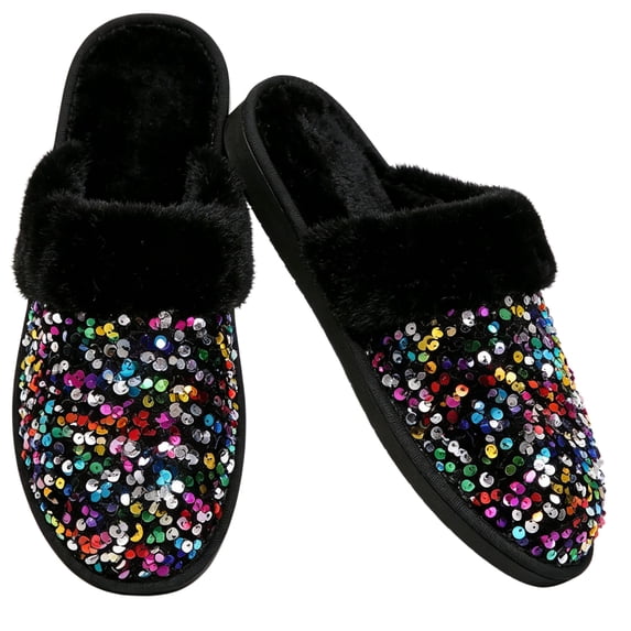 CHICVOMEY Women's House Slippers Fuzzy Sparkly Sequin Slippers Comfort Memory Foam House Slippers Bedroom Shoes for Indoor Outdoor