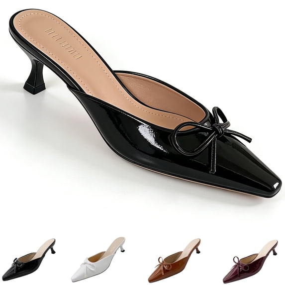CHICVOMEY Women's Kitten Heel Mules - Pointed Toe Slip-On Dress Shoes with Bow for Wedding Work Evening Mules for Women