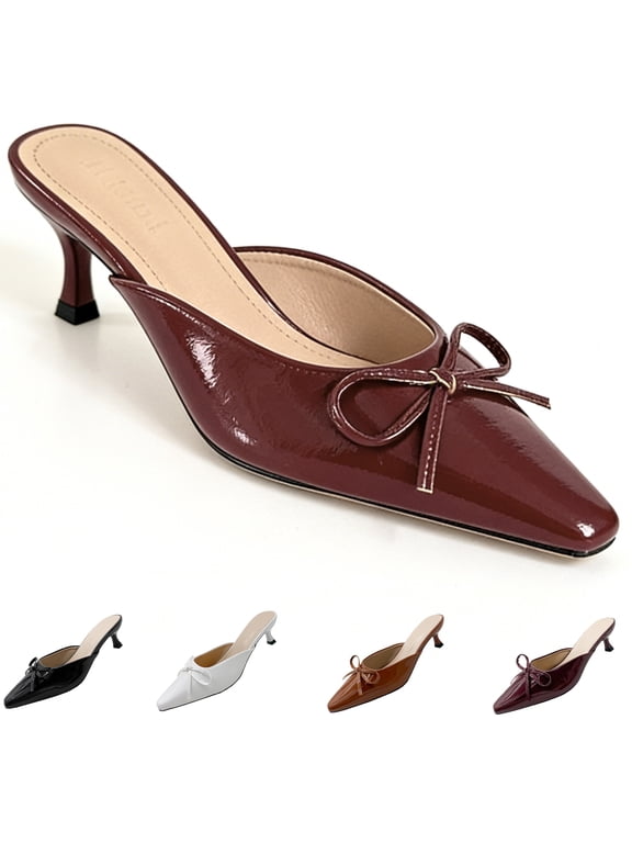 Women's Kitten Heel Mules - Pointed Toe Slip-On Dress Shoes with Bow for Wedding Work Evening Mules for Women
