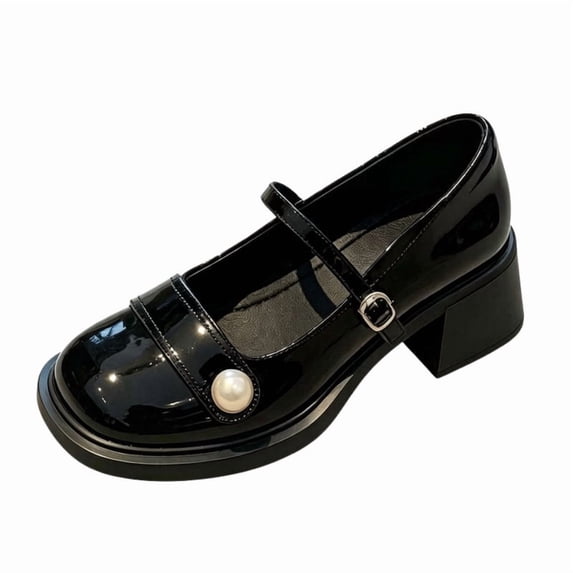 CHICVOMEY Women's Patent Leather Mary Jane Heels Block Heel Platform Pumps with Pearl Buckle Strap Closed Round Toe Chunky Heel Shoes for Work Wedding Casual
