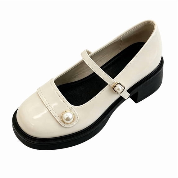 CHICVOMEY Women's Patent Leather Mary Jane Heels Block Heel Platform Pumps with Pearl Buckle Strap Closed Round Toe Chunky Heel Shoes for Work Wedding Casual