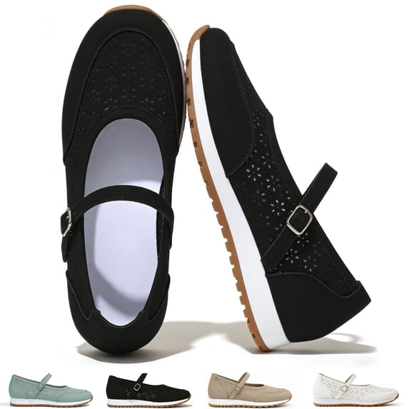 CHICVOMEY Women's Retro Mary Jane Flats - Hollow Floral Breathable Walking Shoes for Women with Buckle Strap - Casual Flats Slip-On Ballet Flats for Daily Wear