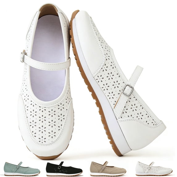 CHICVOMEY Women's Retro Mary Jane Flats - Hollow Floral Breathable Walking Shoes for Women with Buckle Strap - Casual Flats Slip-On Ballet Flats for Daily Wear