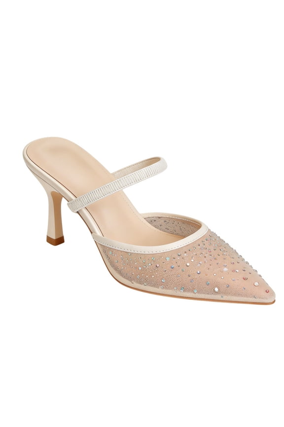 Women's Rhinestone Mesh Mules Pointed Toe Backless Kitten Heel Slides Ankle Strap Sparkly Flat Heel Mule Shoes Breathable Mesh Party Wedding Slippers for Women