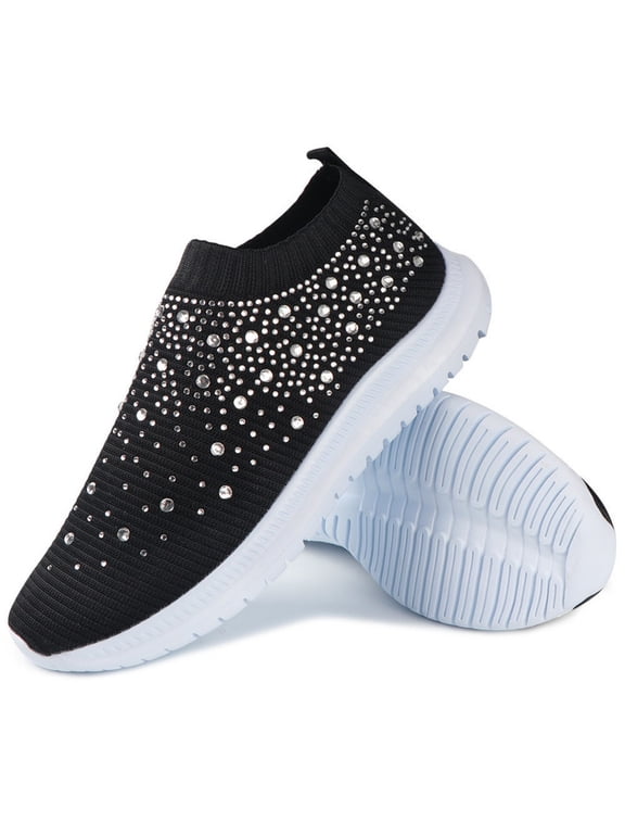 Women's Rhinestone Slip On Sneakers, Breathable Knit Low Top Casual Shoes for Women, Lightweight Bling Walking Flats with Sparkly Rhinestones for Daily Travel