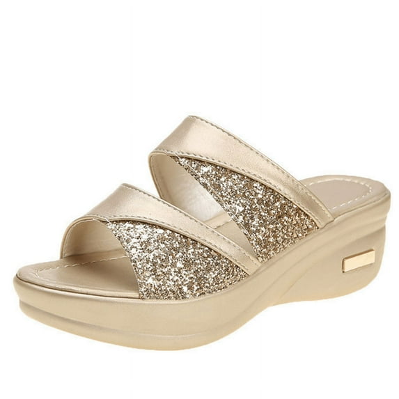 CHICVOMEY Women's Sandals 2025 Glitter Platform Slide Sandals for Women Comfortable Summer Sandals with Anti-Slip Sole Breathable Cushioned Footbed Outdoor