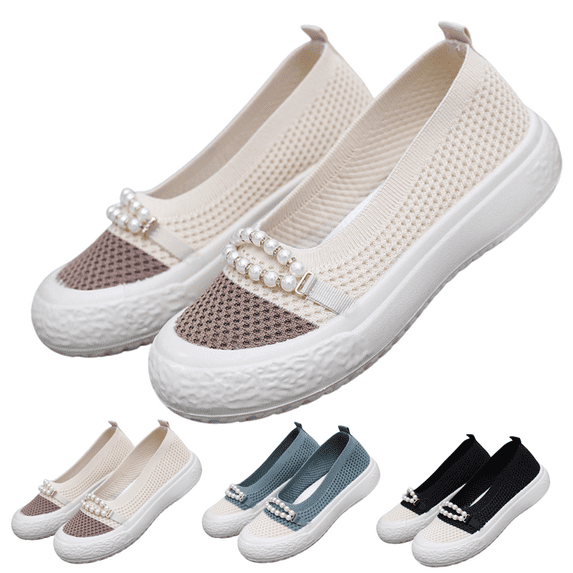 CHICVOMEY Women's Slip-On Breathable Knit Sneakers Lightweight Walking Shoes with Thick Platform Sole Wide Toe Pearl Strap Comfortable Loafers for Women Casual Running Shoes for Women