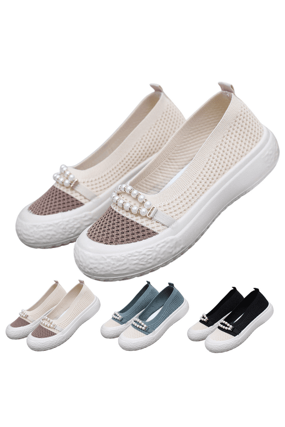 Women's Slip-On Breathable Knit Sneakers Lightweight Walking Shoes with Thick Platform Sole Wide Toe Pearl Strap Comfortable Loafers for Women Casual Running Shoes for Women