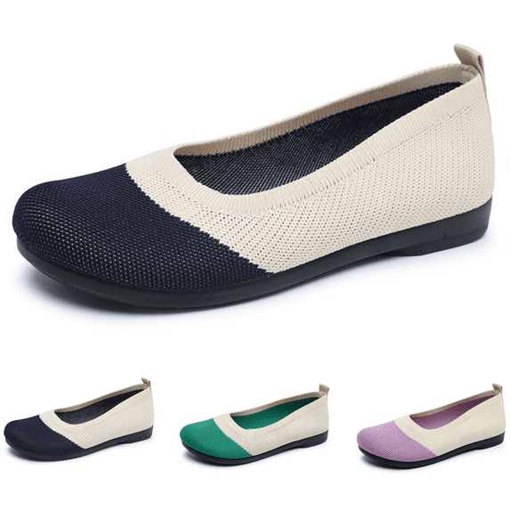 CHICVOMEY Women's Slip-On Flat Shoes Breathable Knit Loafers for Work Walking Casual Wear Lightweight Non-Slip Wide Toe Comfortable Shoes for Women