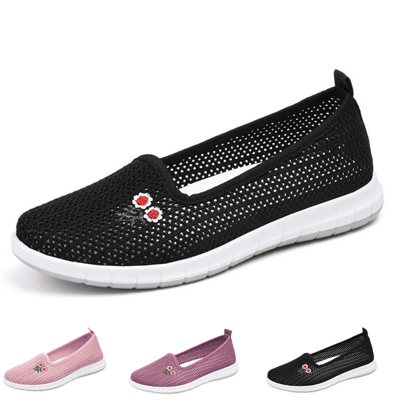 CHICVOMEY Women's Slip-On Walking Shoes Breathable Mesh Sneakers with Embroidery Non-Slip Soft Sole Wide Toe Comfort for Standing Work Travel Lightweight Casual Shoes for Women
