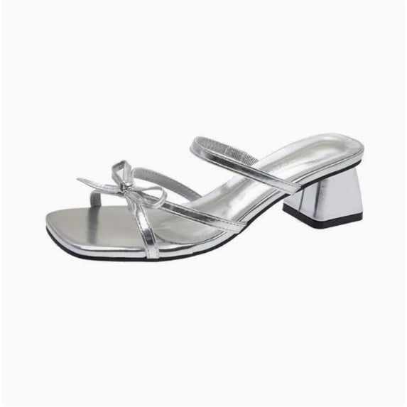 CHICVOMEY Women's Strappy Silver Sandals with Bow Low Block Heel Square Toe Dressy Kitten Heel Sandals for Prom Party Wedding Date
