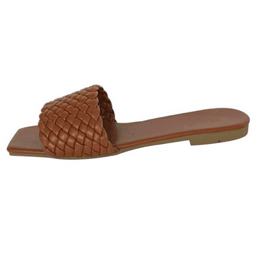 CHICVOMEY Women's Summer Slide Sandals Breathable Woven Flat Sandals with Non-Slip Sole Comfortable Wide Band Slides for Beach Pool Indoor Outdoor Wear