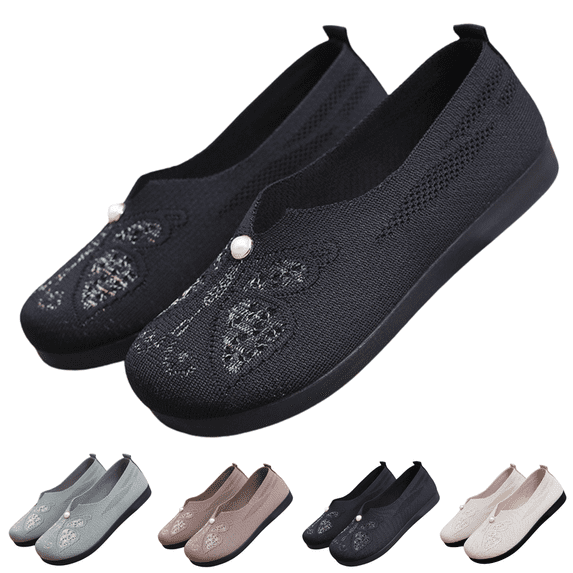 CHICVOMEY Women's Walking Shoes Slip-On Sneakers with Single Pearl Accents Butterfly Motifs Breathable Mesh Lightweight Loafers for Travel Work Running