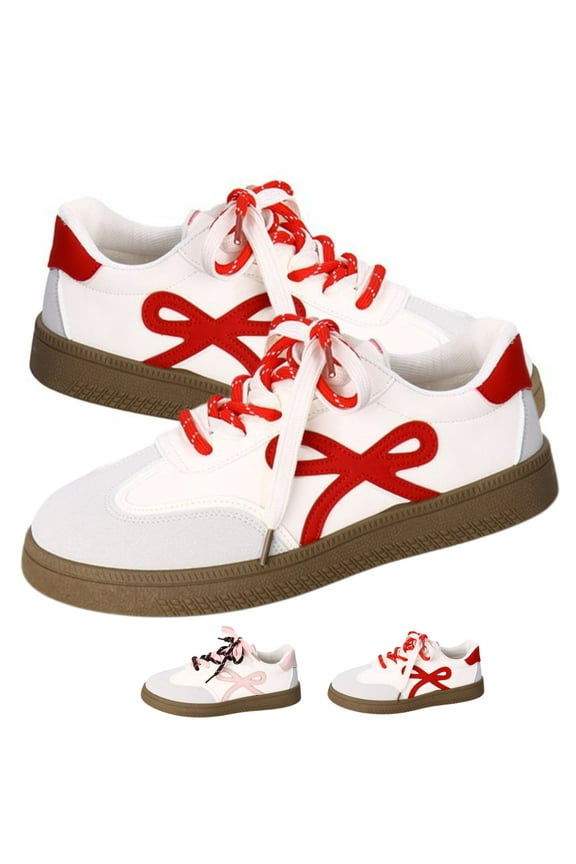 Women's White Faux Leather Low-Top Tennis Sneakers with Double Laces & Bow - Casual Fashion Shoes